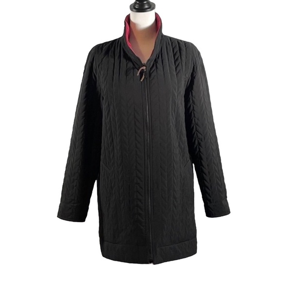 Black Burgundy Full Zip Up Quilted Reversible Straight Cut Long Sleeve Jacket L - Picture 1 of 9